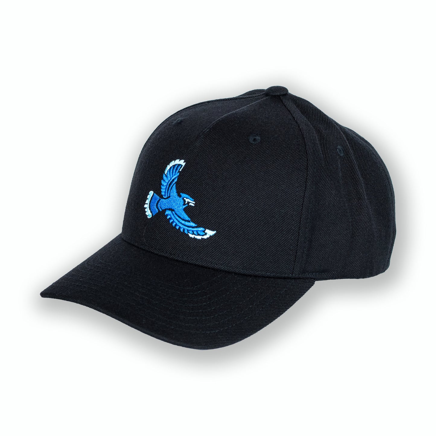 A black baseball cap with a royal blue and baby blue, tribal style Blue Jay  bird logo on the front.